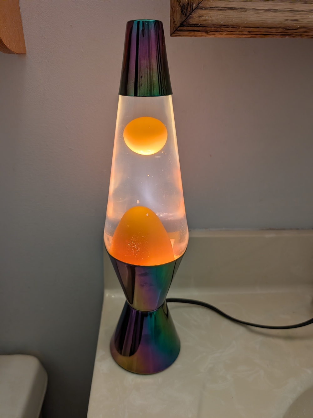 Lava Lamp With Rainbow Metallic Base Orange Color Wax 14"